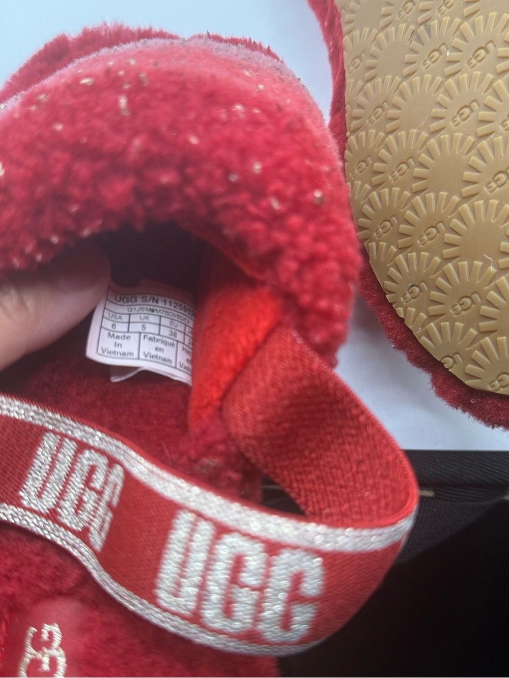 UGG Girls Red and Pink Fuzzy Metallic Gold accents Slide Slippers - Picture 5 of 5